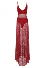 Kimya Berry Sheer Goddess Sparkle Double Slit Dress