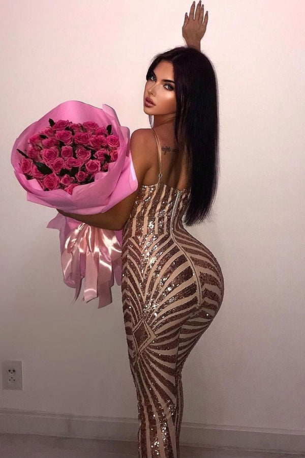 Temptation Rose Gold Plunge Sequin Hourglass Illusion Jumpsuit