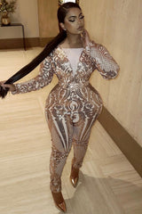 Toxic Rose Gold Luxe Plunge Illusion Sequin Mesh Embellished Jumpsuit