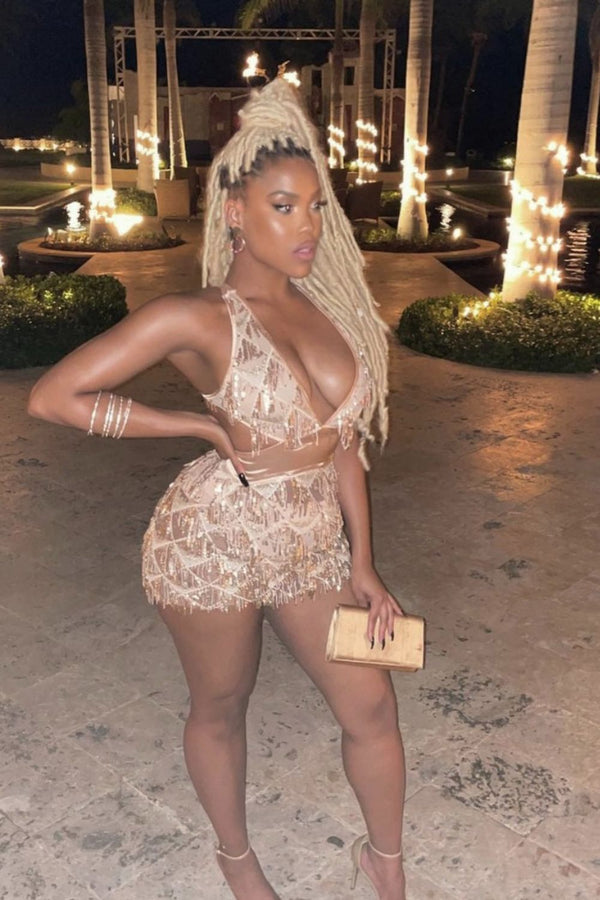 Holly Glam Champagne Gold Ombre Sequin Tassel Fringe Sheer Dress