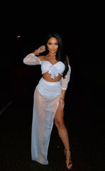 Blow My Mind White Sheer Mesh Bardot Cropped Top Maxi Slit Co ord Two Piece Set