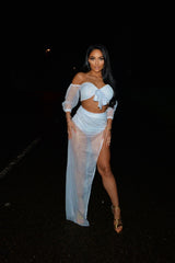 Blow My Mind White Sheer Mesh Bardot Cropped Top Maxi Slit Co ord Two Piece Set