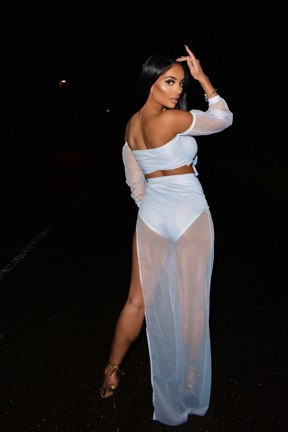 Blow My Mind White Sheer Mesh Bardot Cropped Top Maxi Slit Co ord Two Piece Set