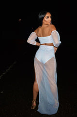 Blow My Mind White Sheer Mesh Bardot Cropped Top Maxi Slit Co ord Two Piece Set