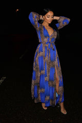 Wild Love Royal Blue & Leopard Print Plunge Long Sleeve Double Slit Maxi Dress