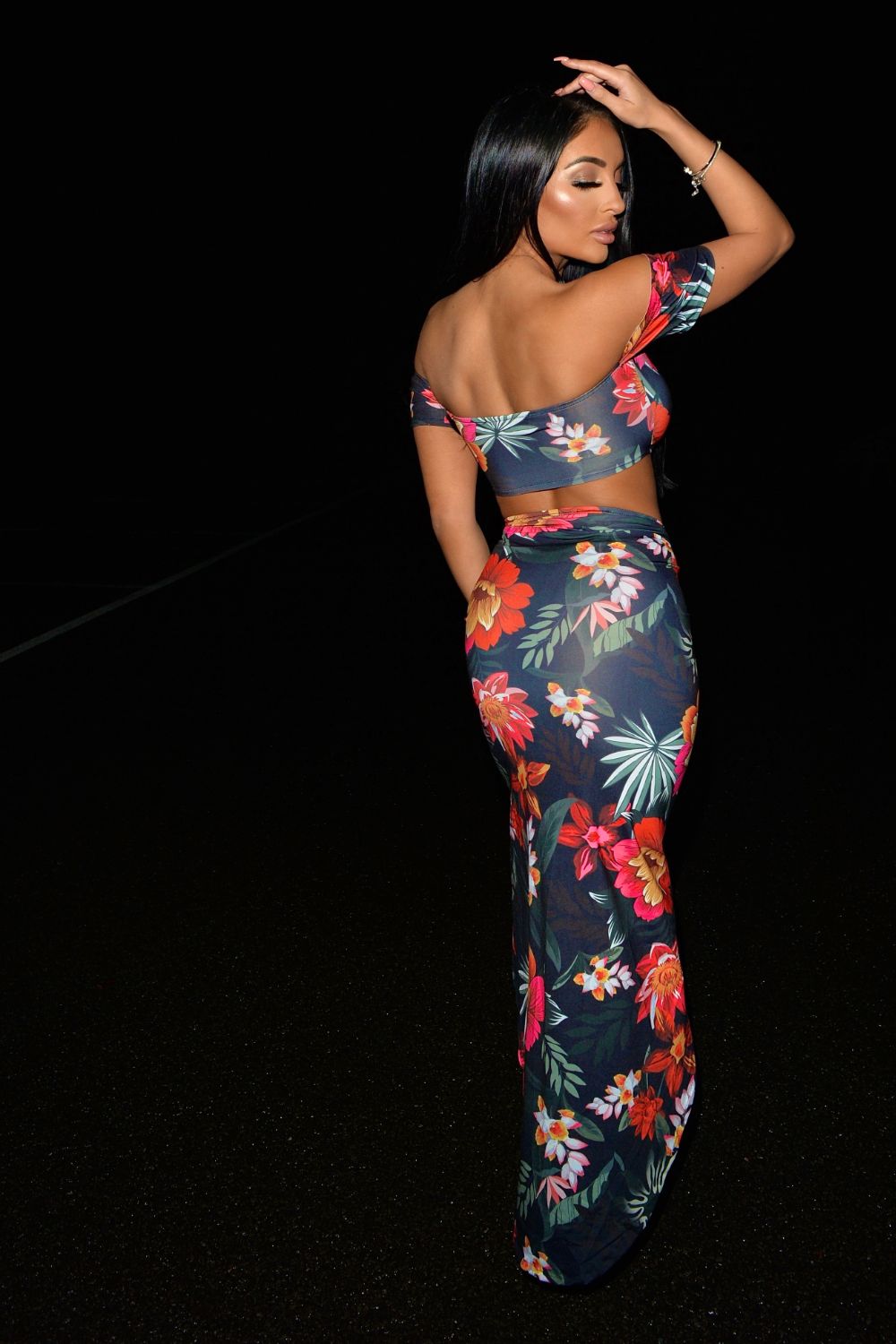 Obsession Black Floral Cropped Top Rauched Skirt Two Piece Co Ord Set