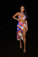 Oasis Pink Multi Coloured Abstract Print Halterneck Knotted Slit Two Piece Co-ord Set