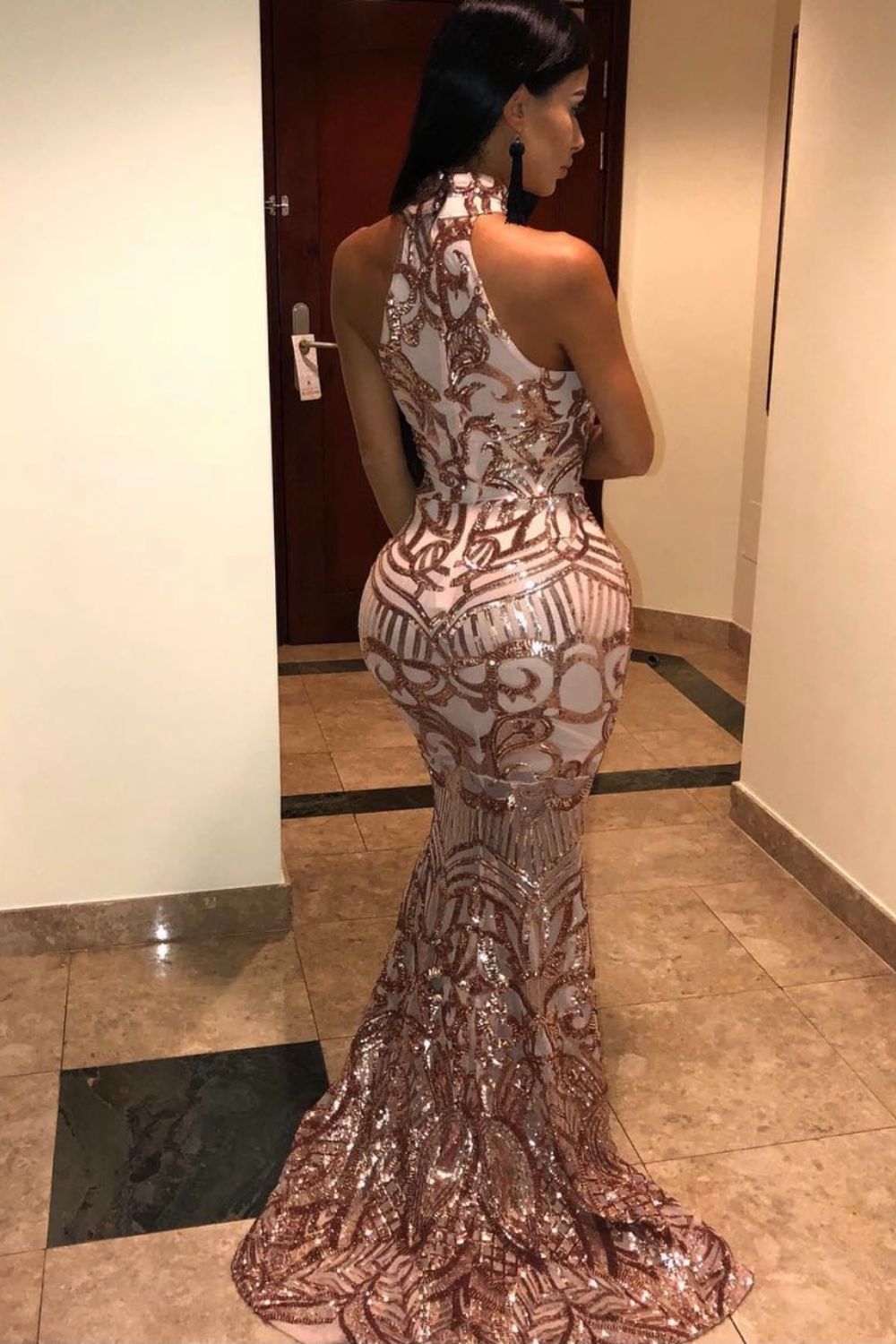 Envy Rose Gold Vip Luxe Illusion Sequin Embellished Fishtail Dress