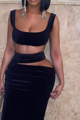 After Dark Black Velvet Cut Out Two Piece Co-ord Set