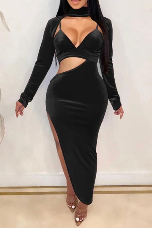 Alter Ego Black Velvet Asymmetric Cut Out Bralette Long Sleeve Dress