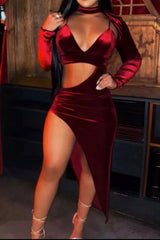 Alter Ego Red Velvet Asymmetric Cut Out Bralette Long Sleeve Dress