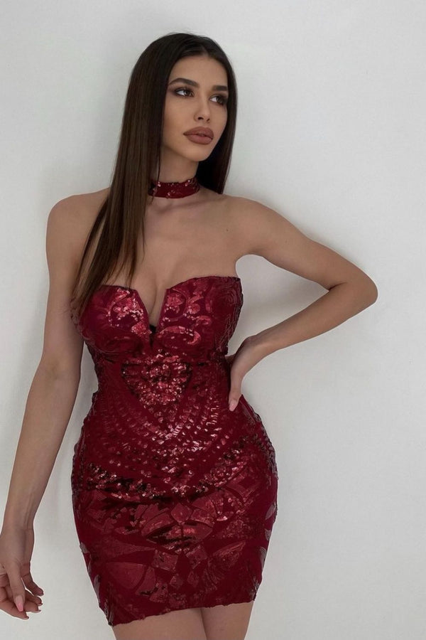 Aphrodite Berry Luxe Sweetheart Plunge Sequin Embellished Midi Dress