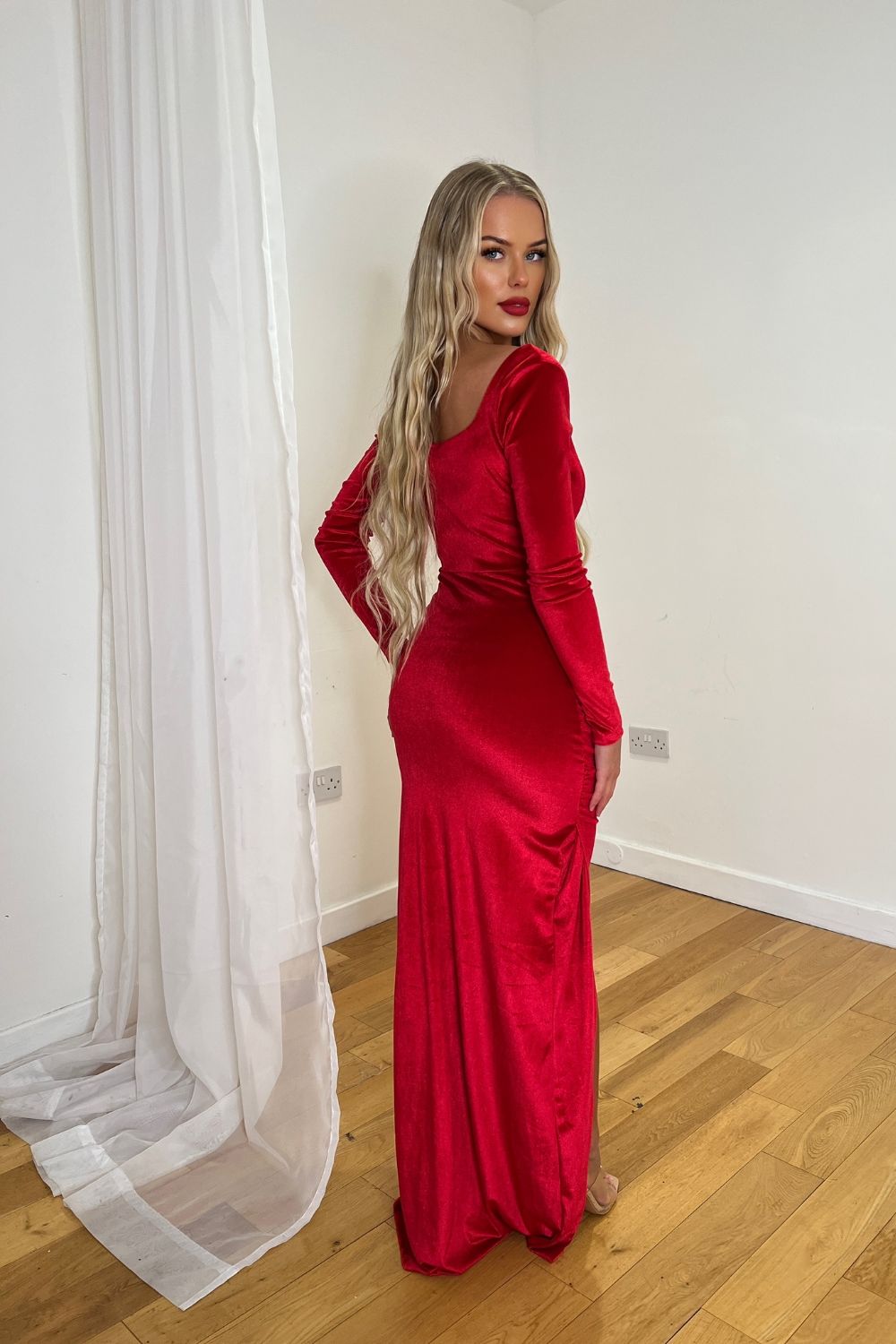 Madison Red Sweetheart Bust Stretch Long Sleeve Mermaid Maxi Dress