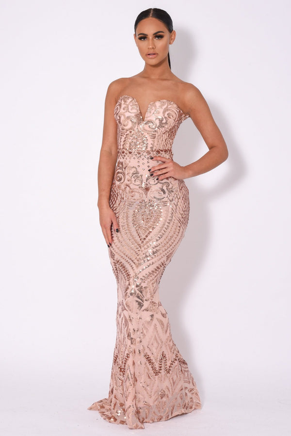 Kenza Gold Luxe Sweetheart Plunge Sequin Embellished Fishtail Dress