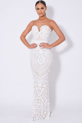 Kenza White Luxe Sweetheart Plunge Sequin Embellished Fishtail Dress