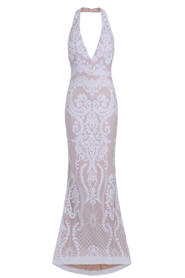 Aaliyah White Nude Halterneck Floral Sequin Embellished Maxi Fishtail Dress