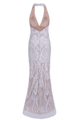 Aaliyah White Nude Halterneck Floral Sequin Embellished Maxi Fishtail Dress
