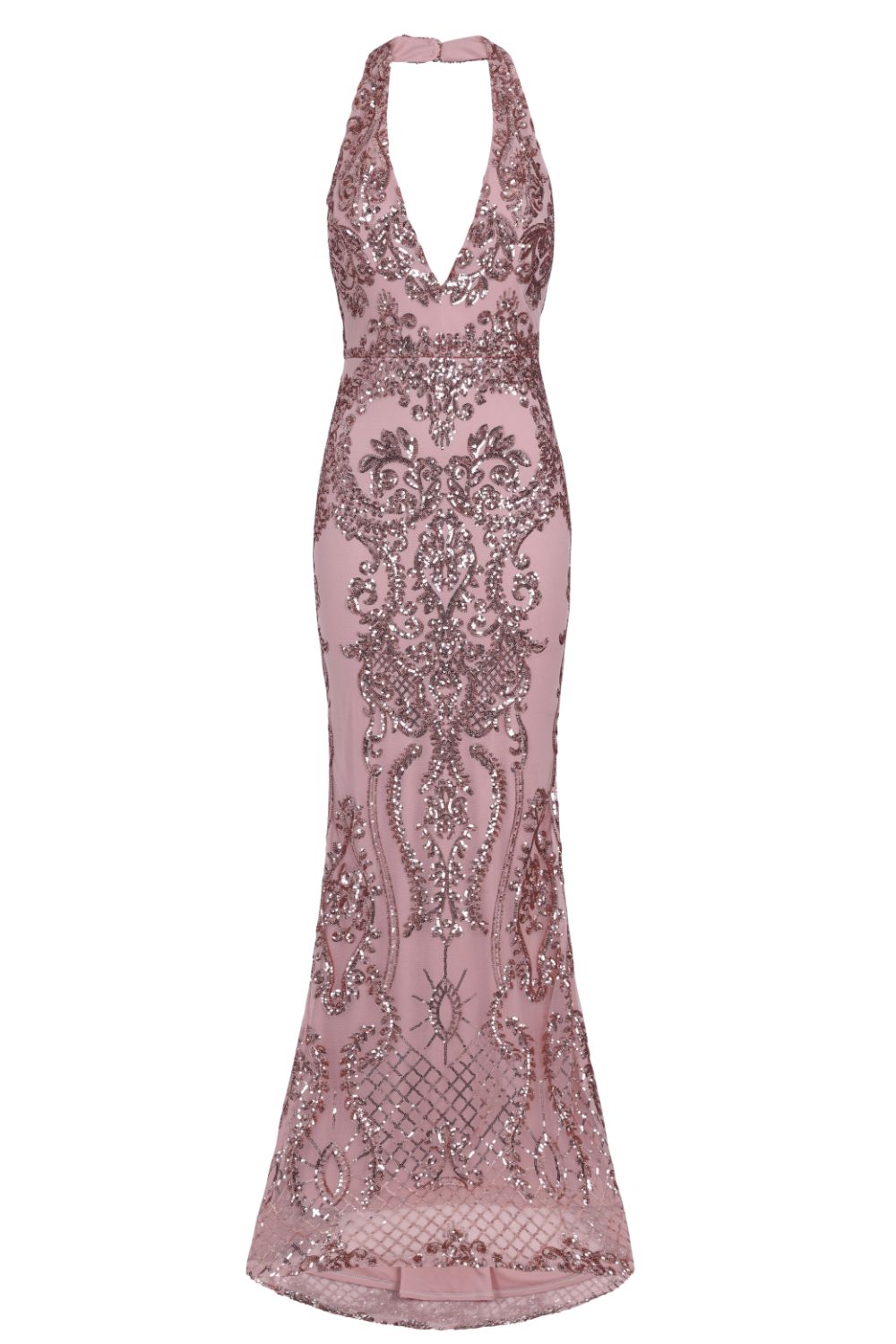 Aaliyah Rose Gold Halterneck Floral Sequin Embellished Maxi Fishtail Dress