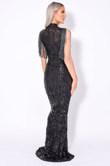 Magic Vip Black Luxe Tassel Fringe Sequin Embellished Illusion Maxi Dress
