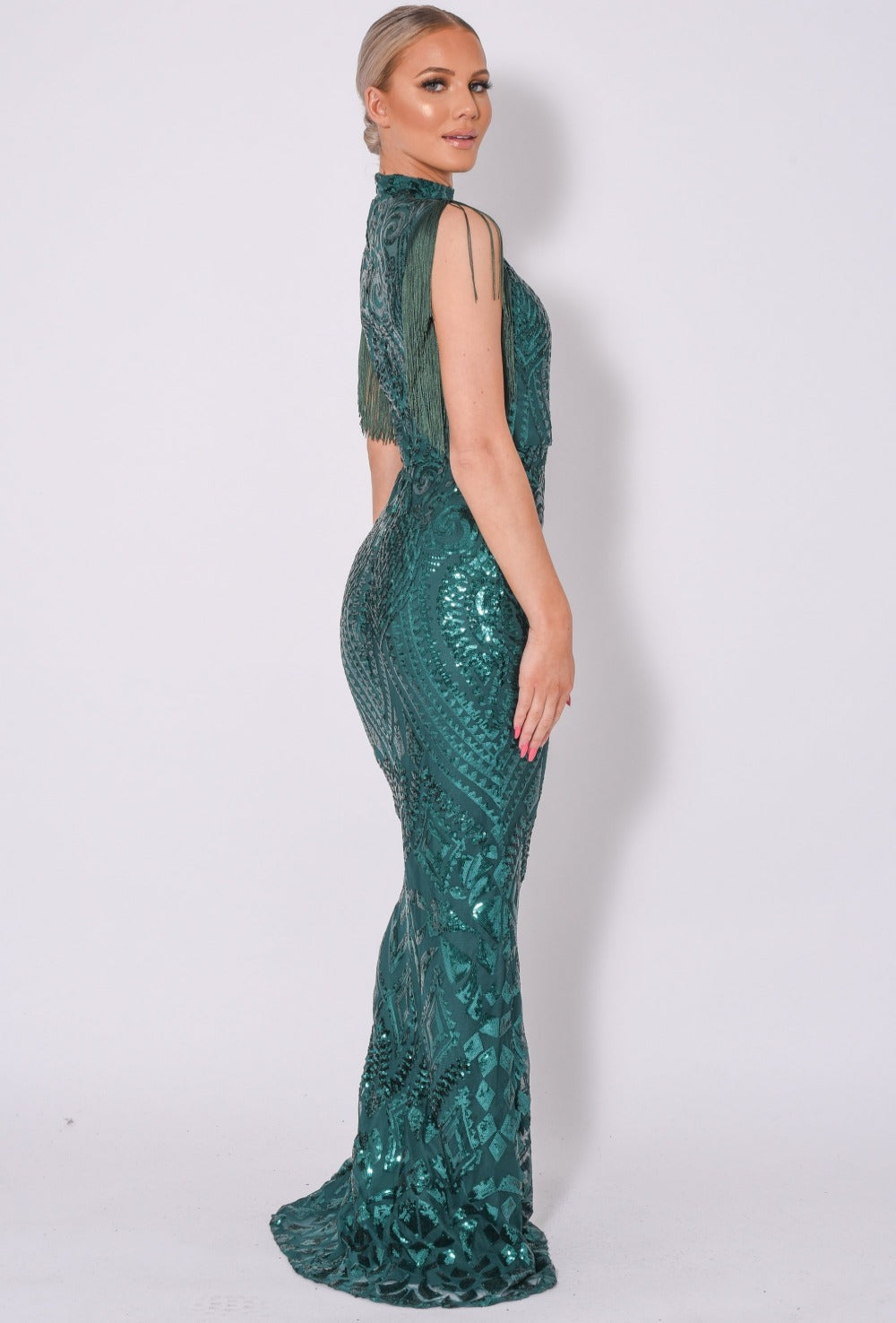 Magic Vip Green Luxe Tassel Fringe Sequin Embellished Illusion Maxi Dress