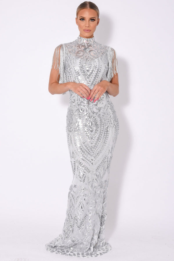 Magic Vip Silver Luxe Tassel Fringe Sequin Embellished Illusion Maxi Dress