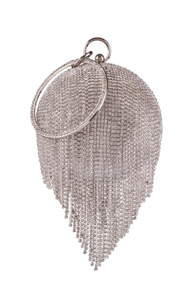 Hollywood Silver Crystal Diamante Tassel Wristlet Sphere Clutch Bag