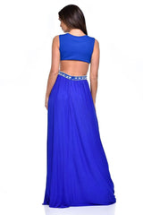 Laila Blue Cut-Out Waist Pearl Encrusted Grecian Goddess Maxi Dress
