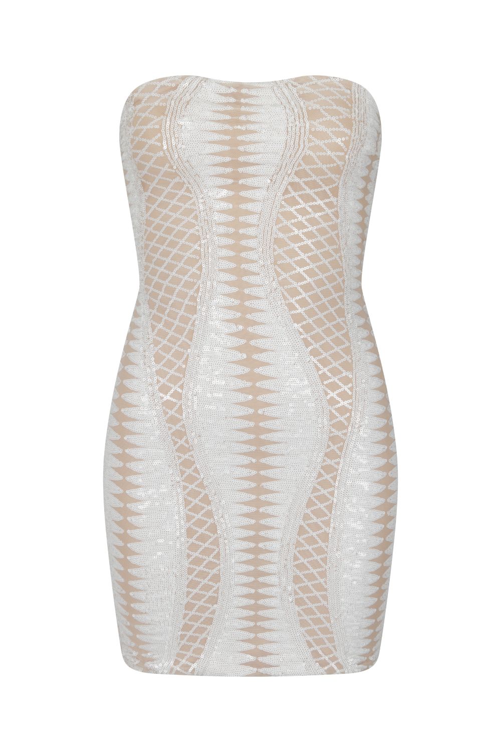 Tie Me Up White Nude Bandeau Cage Sequin Bandage Illusion Lace Up Dress