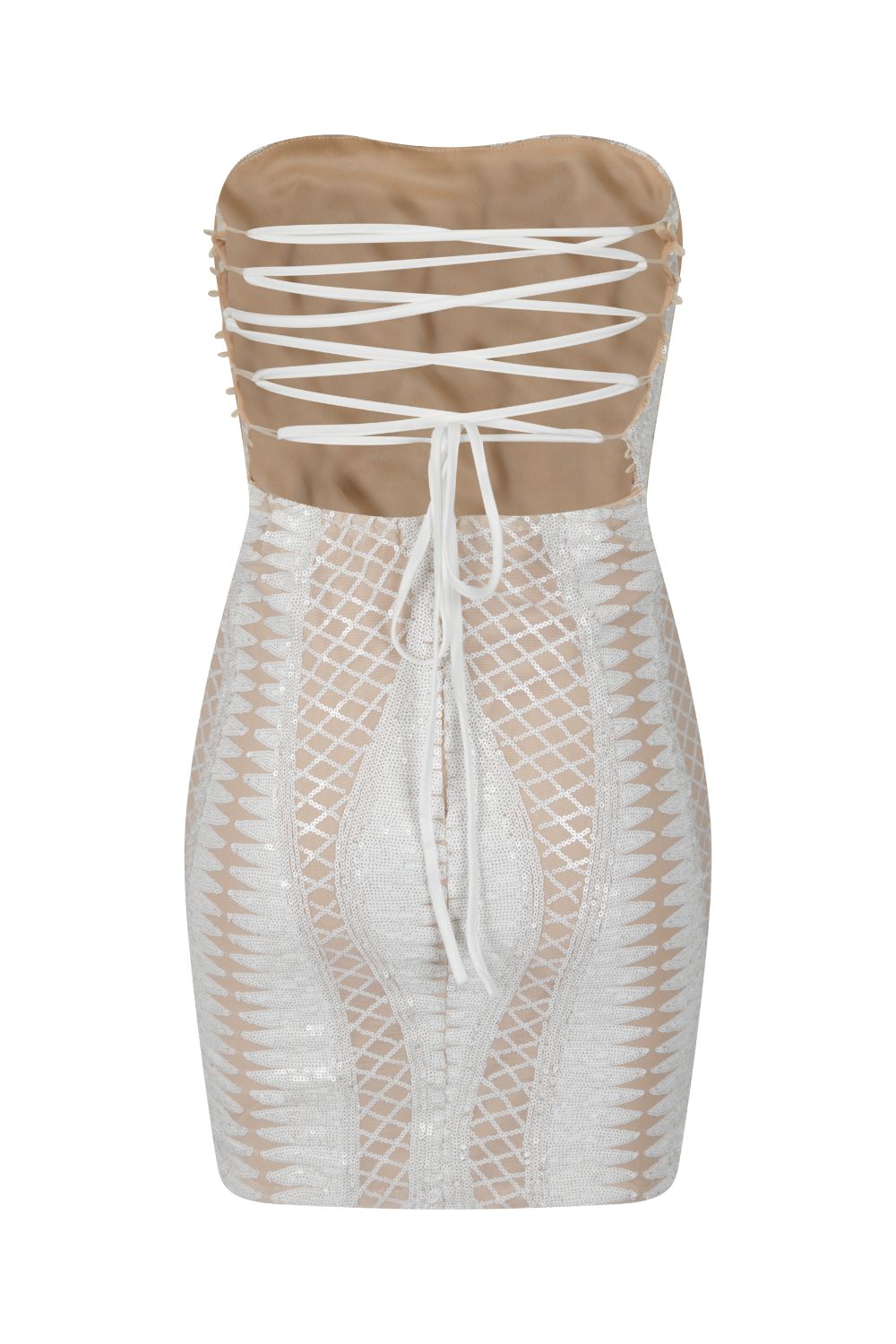 Tie Me Up White Nude Bandeau Cage Sequin Bandage Illusion Lace Up Dress