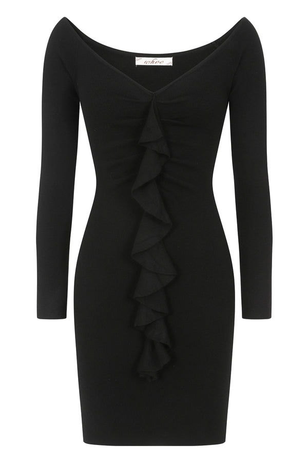 Precious Black Ruffle Ribbed Knitted Bodycon Long Sleeve Dress