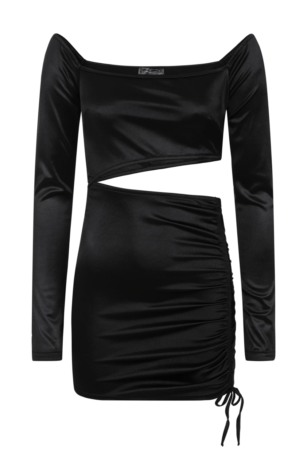 Cut It Out Black Slinky Satin Cut Out Ruched Mini Dress