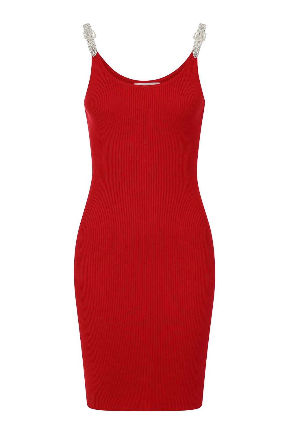 Angelina Red Diamante Strap Ribbed Knitted Pencil Midi Bodycon Dress