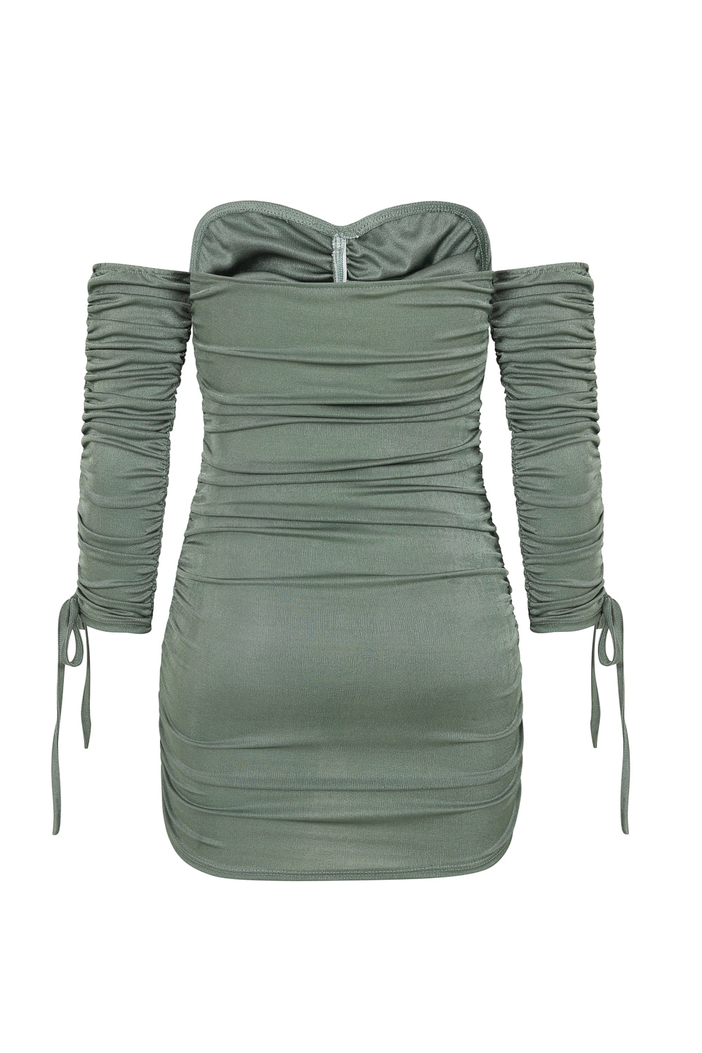 All Ruched Up Khaki Off The Shoulder Long Sleeve Slinky Mini Dress