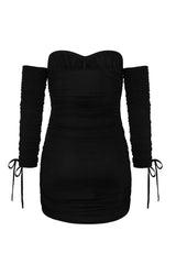 ﻿All Ruched Up Black Off The Shoulder Long Sleeve Slinky Mini Dress