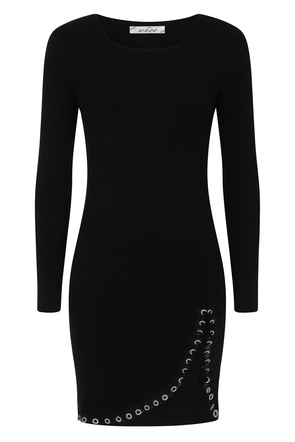 Jasmine Black Lace Up Diamante Ribbed Knitted Long Sleeve Mini Slit Dress