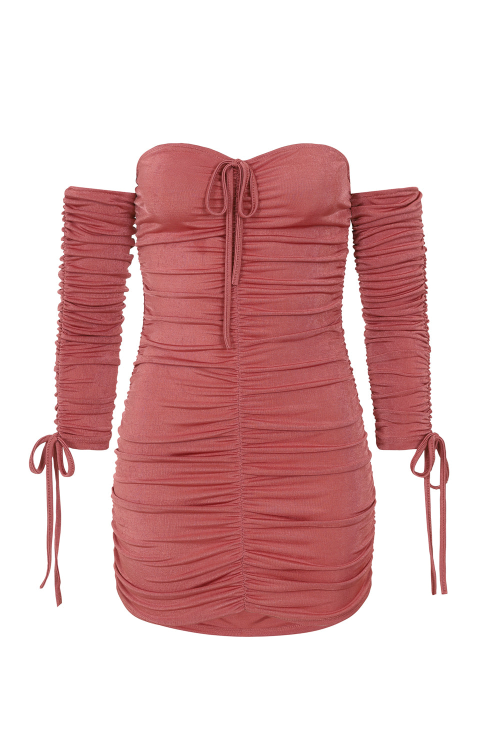 All Ruched Up Dusty Pink Off The Shoulder Long Sleeve Slinky Mini Dress