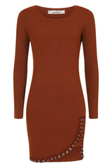 Jasmine Dark Camel Lace Up Diamante Ribbed Knitted Long Sleeve Mini Slit Dress