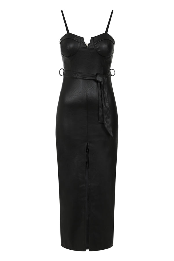 High Standards Black Leather Belted Split Maxi Dress