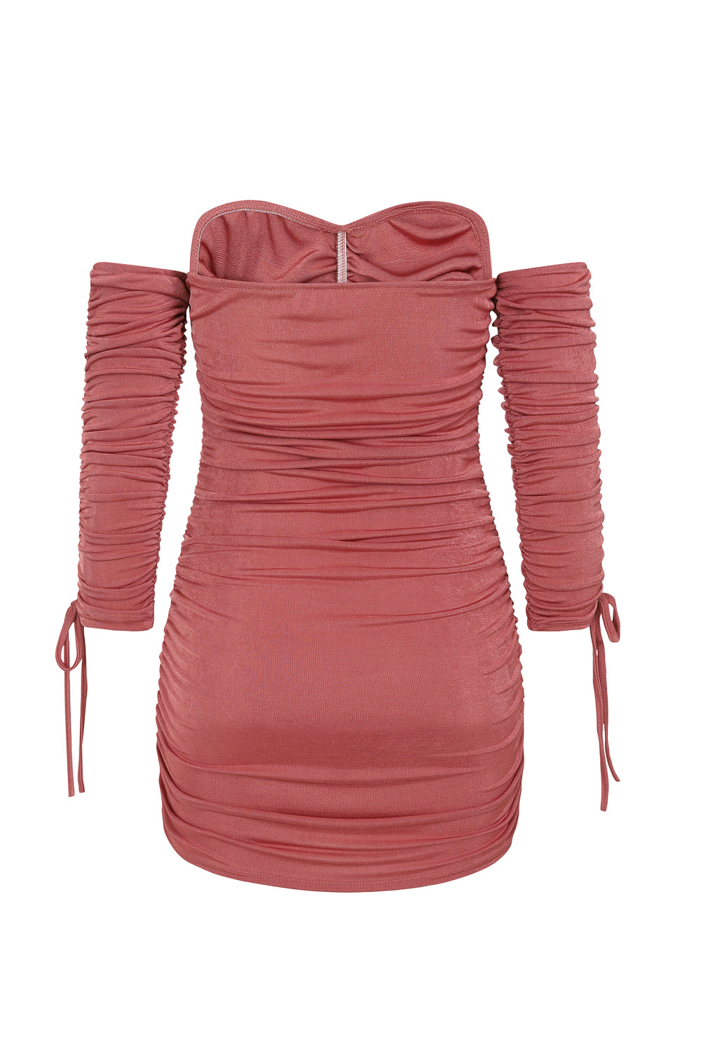 All Ruched Up Dusty Pink Off The Shoulder Long Sleeve Slinky Mini Dress