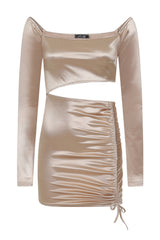 Cut It Out Champagne Slinky Satin Cut Out Ruched Mini Dress