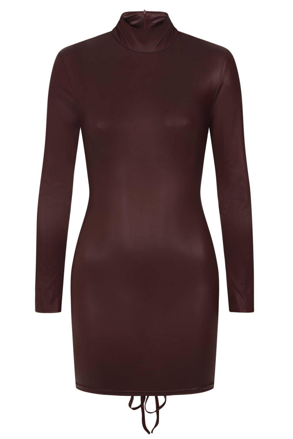 Party In The Back Bordeaux Wine Wet Look Long Sleeve Ruched Dress