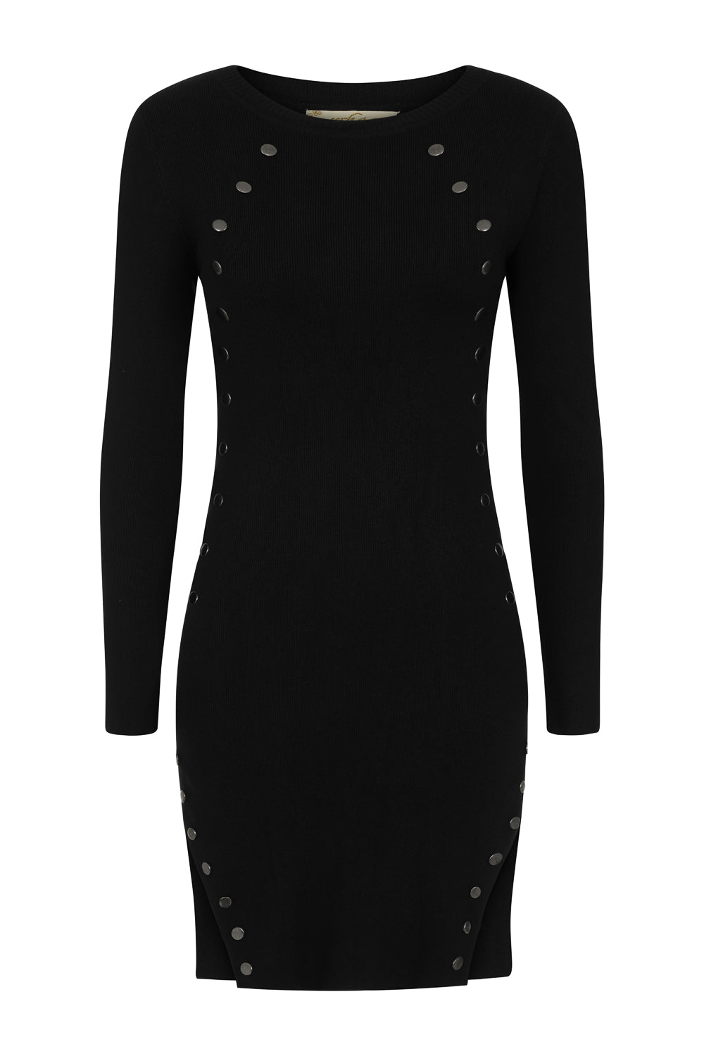 Celina Black Button Ribbed Knitted Long Sleeve Double Slit Mini Dress