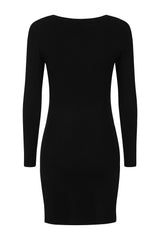 Celina Black Button Ribbed Knitted Long Sleeve Double Slit Mini Dress