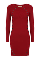 Celina Red Button Ribbed Knitted Long Sleeve Double Slit Mini Dress