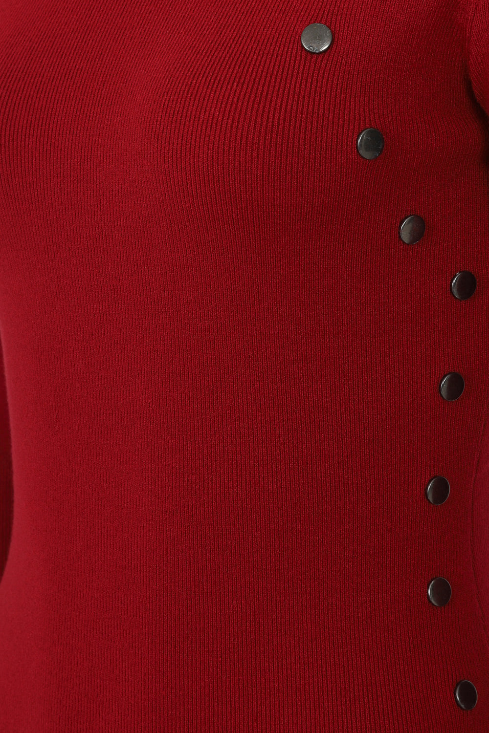 Celina Red Button Ribbed Knitted Long Sleeve Double Slit Mini Dress
