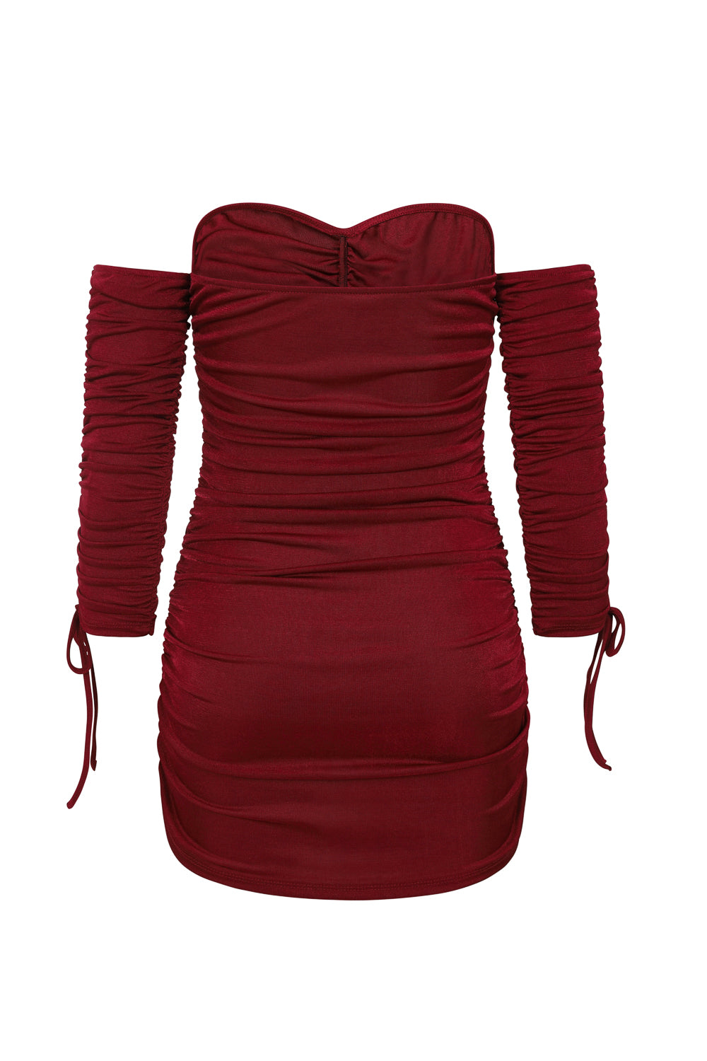 All Ruched Up Berry Off The Shoulder Long Sleeve Slinky Mini Dress