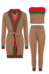 Zara Camel Tan Red and Green Striped Fine Knit 3 Piece Lounge Co-ord Set