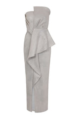 Cosmia Beige Glitter Sparkle Bandeau Pleated Detail Pencil Maxi Dress