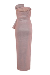 Cosmia Blush Glitter Sparkle Bandeau Pleated Detail Pencil Maxi Dress