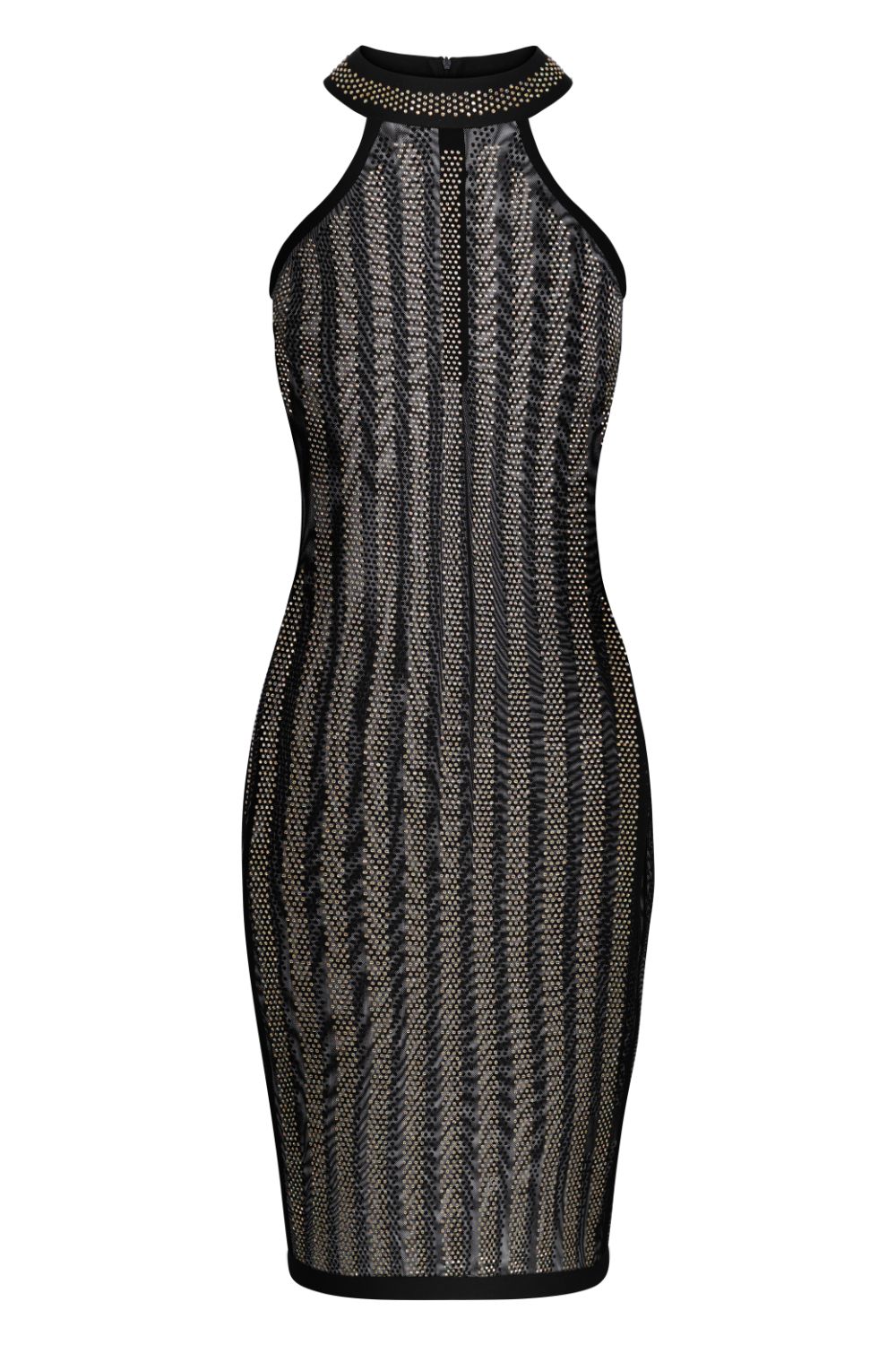 Xtra Black Crystal Iridescent Rhinestone Sheer Mesh Midi Bodycon Dress